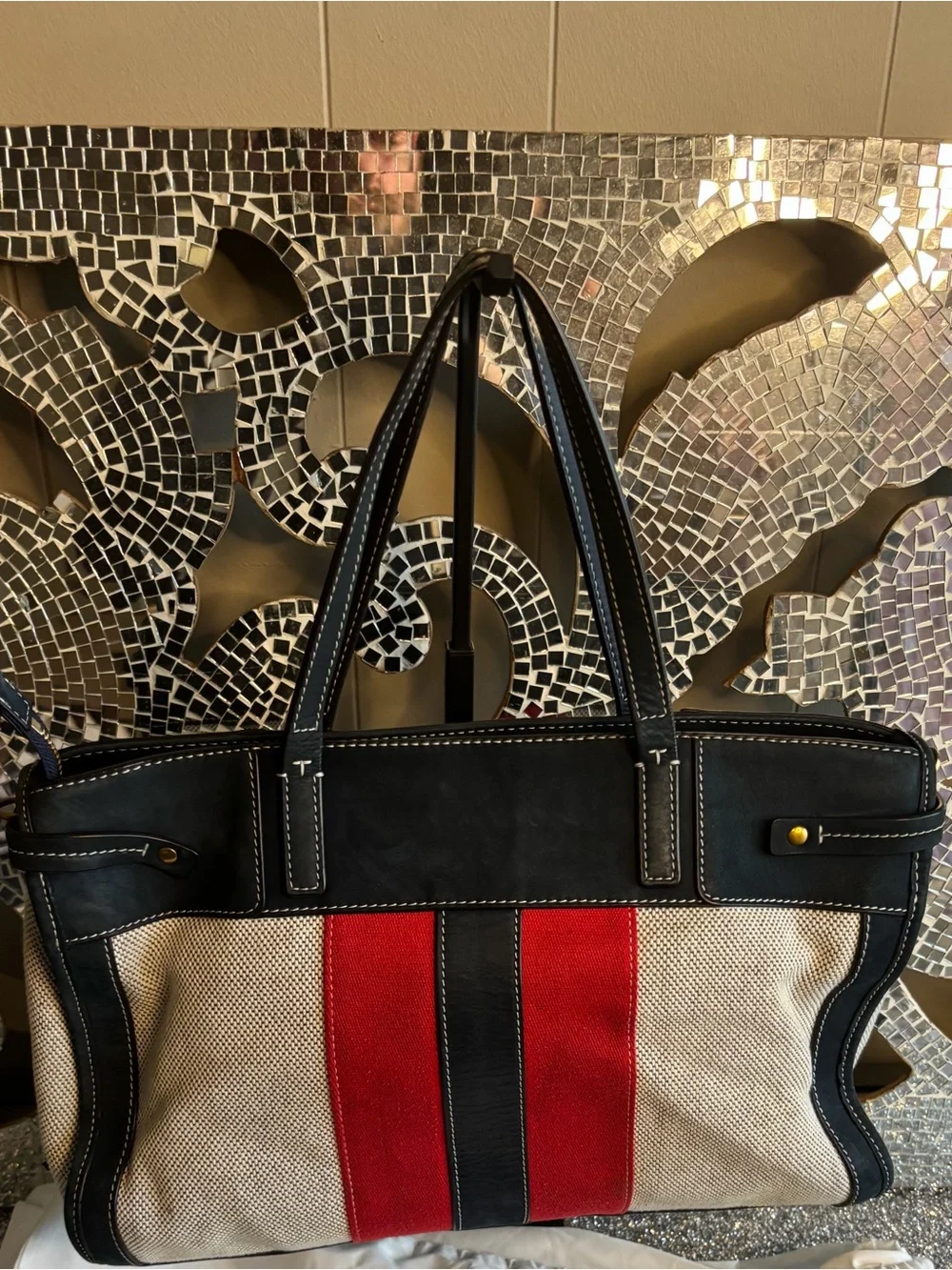 💕Tory Burch Canvas & Leather Shoulder Bag with Red Stripe